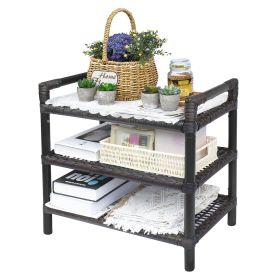 Hand-Woven Rattan 3-Tier Rectangular Shelf Unit, Aluminum Frame, for Indoor or Outdoor (Color: Brown)