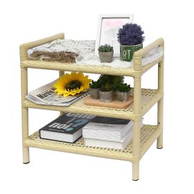 Hand-Woven Rattan 3-Tier Rectangular Shelf Unit, Aluminum Frame, for Indoor or Outdoor (Color: Beige)