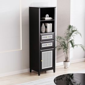 ON-TREND Boho Style Slim Tall Cabinet with Rattan Door, Mid Century Modern Tower Cabinet Up to 63", Country Style Freestanding Organizer with Metal Ha (Color: as Pic)