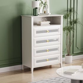 ON-TREND Retro Style Chest of Drawers with Rattan Panels, 4 Drawer Dresser with Gold Metal Handles, Vintage Design Cabinet with Great Storage Space fo (Color: as Pic)