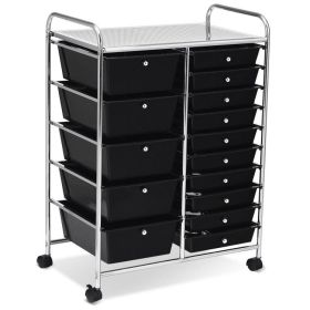 15-Drawer Utility Rolling Organizer Cart Multi-Use Storage (Color: Black)