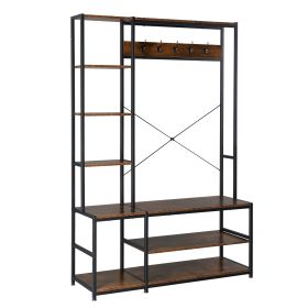 Entryway Hall Trees with Hooks;  Storage Shelves and Shoes Bench;  Freestanding Closet Organizer Clothes Rack with Coat Rack;  Closet Garments Shelf f (Color: Color of wood)