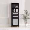 ON-TREND Boho Style Slim Tall Cabinet with Rattan Door, Mid Century Modern Tower Cabinet Up to 63", Country Style Freestanding Organizer with Metal Ha